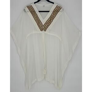 White Beaded Swimsuit Coverup Tunic One Size Beachy Vacation Travel Pool Cruise